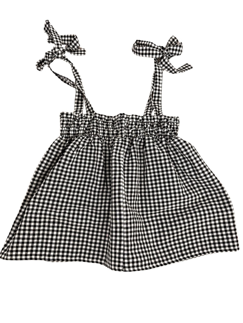 Gingham Tie-Shoulder Smocked Top in Black & White